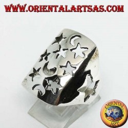 Rectangular silver openwork ring with stars and moons