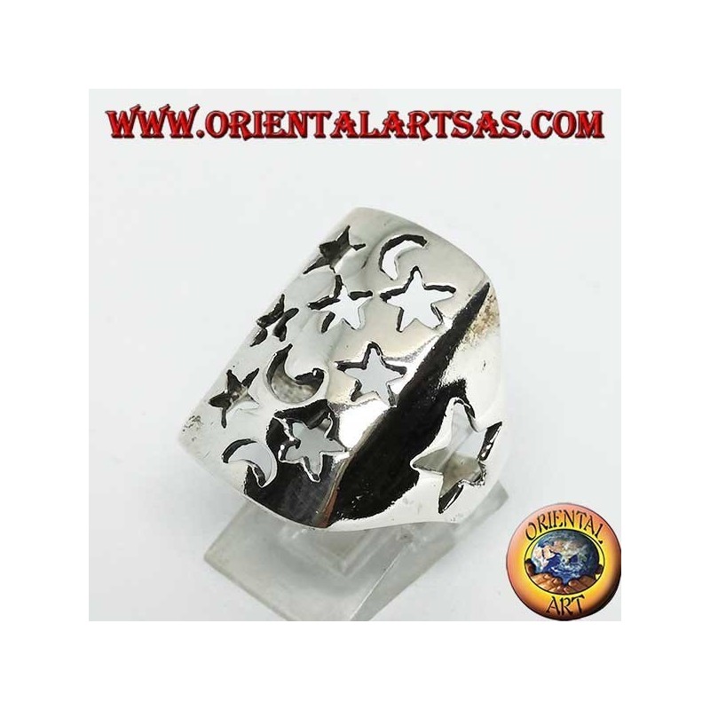 Anello in argento rettangolare traforato con stelle e lune