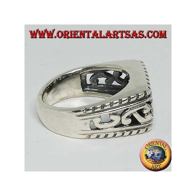Horizontal rectangular silver ring with baroque openwork decorations