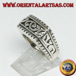 Horizontal rectangular silver ring with baroque openwork decorations