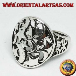 Round openwork silver ring with stars and moons