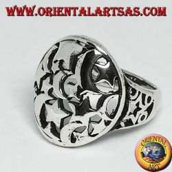 Round openwork silver ring with stars and moons