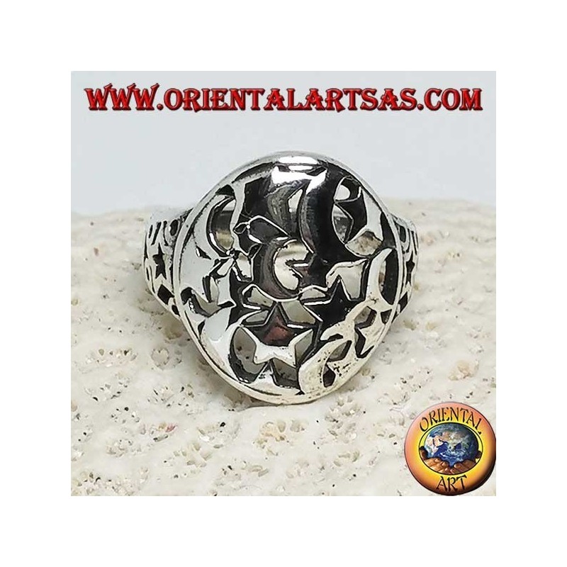 Round openwork silver ring with stars and moons