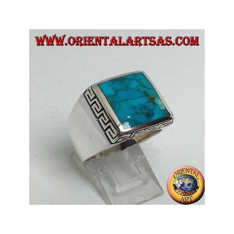 Silver ring with natural square turquoise surrounded by a Greek engraving (22)