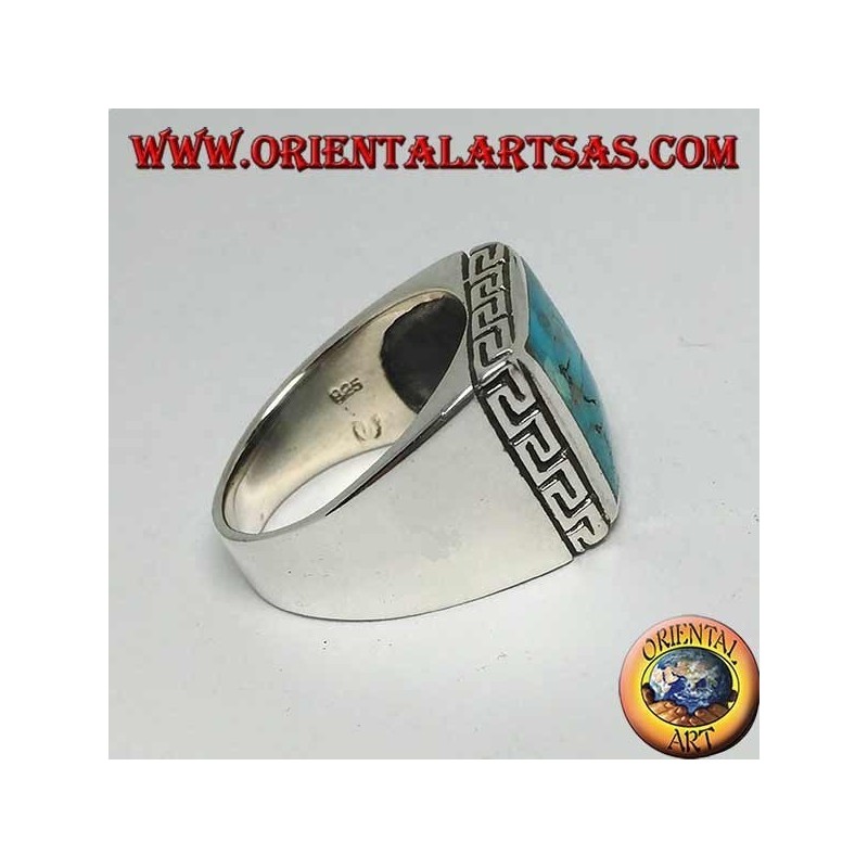 Silver ring with natural square turquoise surrounded by a Greek engraving (22)