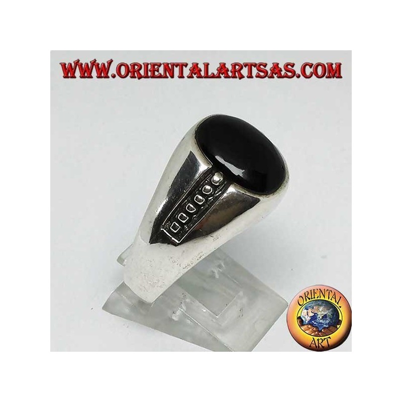 silver ring with oval onyx and bas-relief dots on the sides