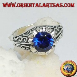 Inlaid silver ring with embedded sapphire zircon