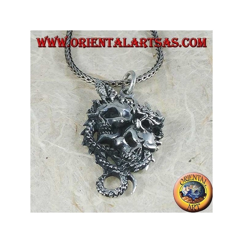 Ciondolo Drago con Due Teschi Argento 925 - Gioiello Gotico Uomo | Oriental Art