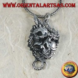 Silver dragon pendant with two skulls