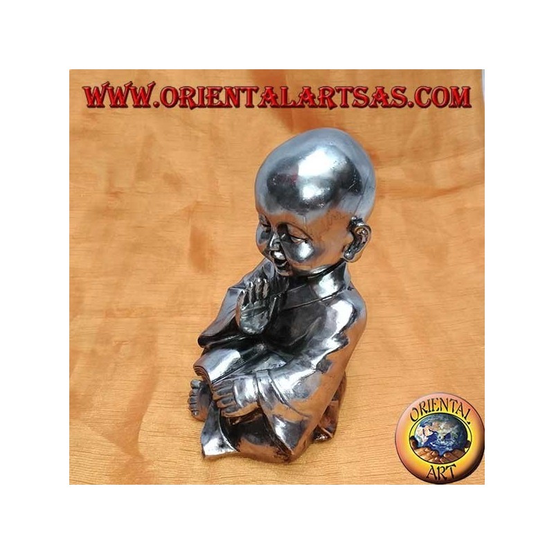Statuetta Color Argento Allievo Buddista Meditazione Resina 21cm