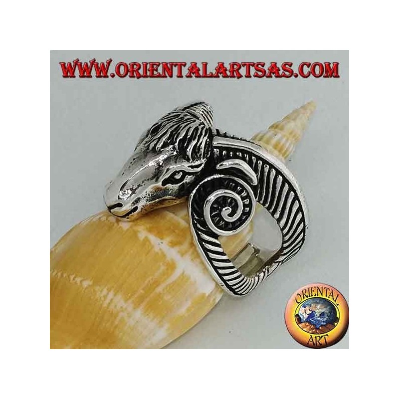 Silver ring in the shape of a large Aries head