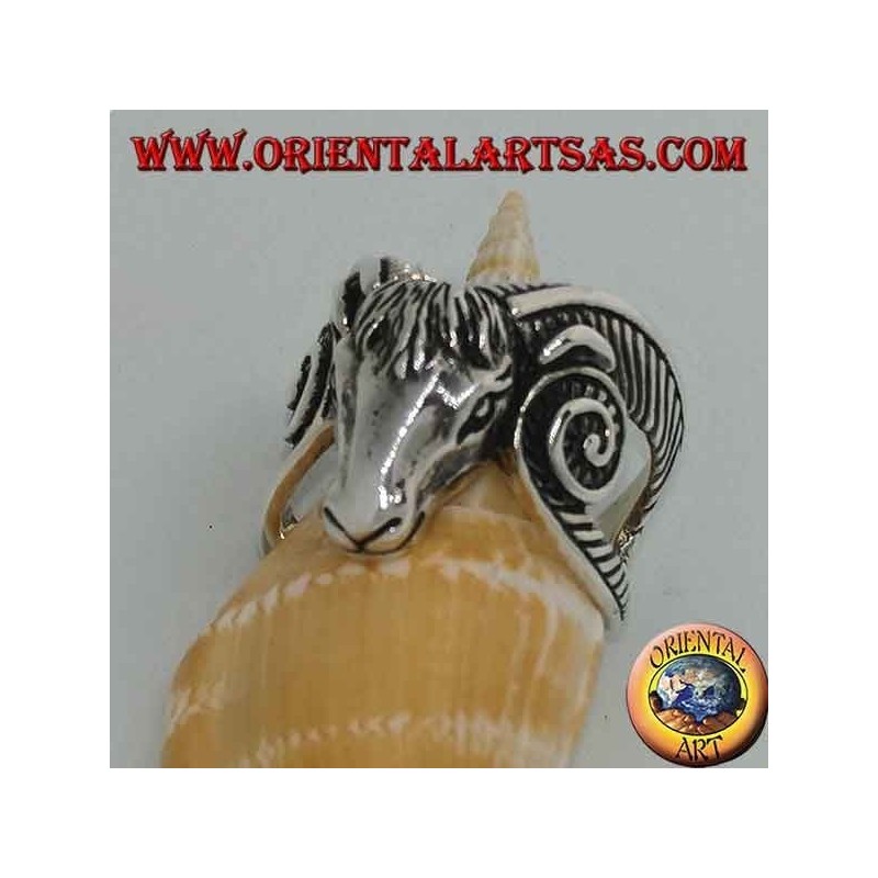 Silver ring in the shape of a large Aries head