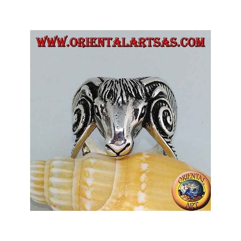 Silver ring in the shape of a large Aries head