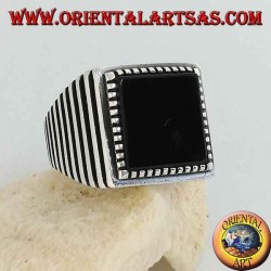 Silver ring with large square onyx, striped on the sides