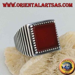 Silver ring with large square carnelian, striped on the sides
