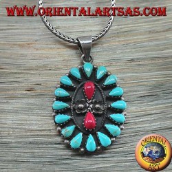 Silver pendant, shield with native turquoise and two corals (American Indians)
