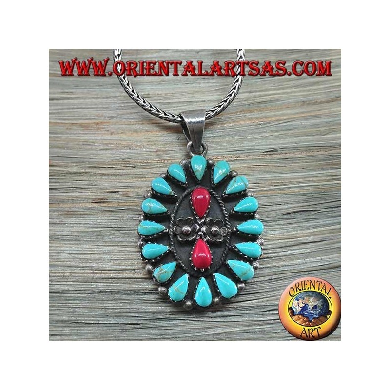 Silver pendant, shield with native turquoise and two corals (American Indians)