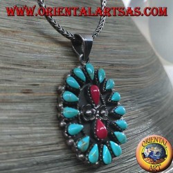 Colgante de plata, escudo con turquesa nativa y dos corales (indios americanos)