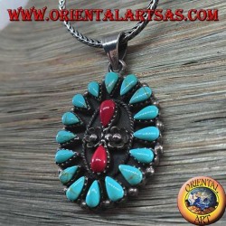 Colgante de plata, escudo con turquesa nativa y dos corales (indios americanos)