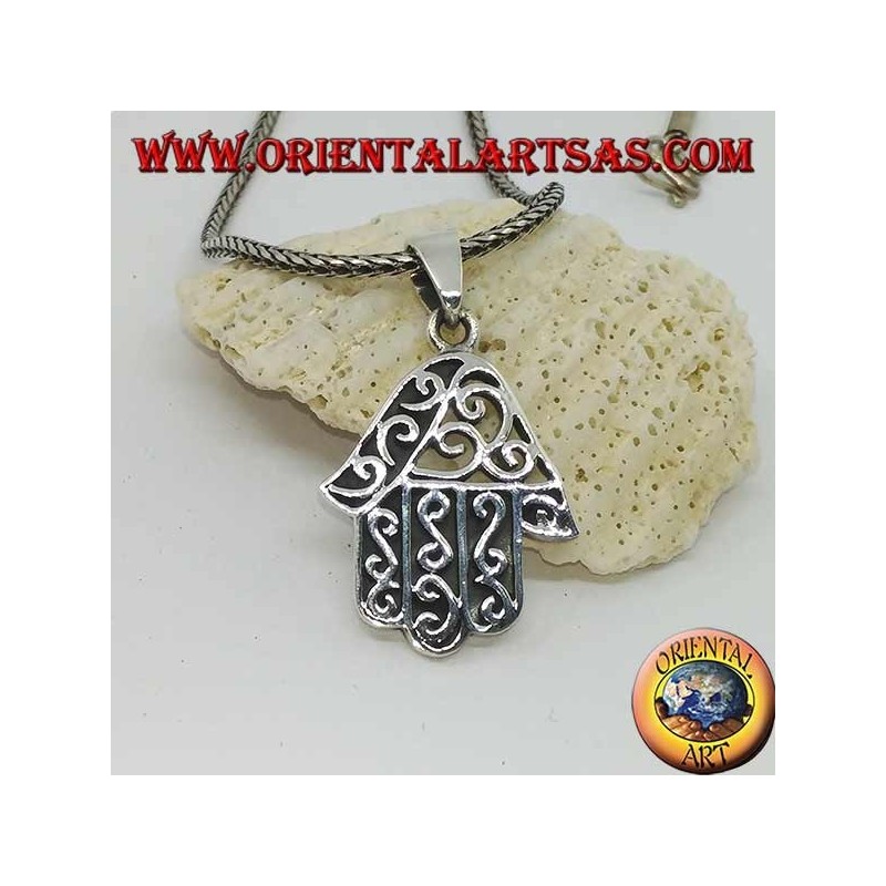 Silver pendant, hand of Fatima with wavy decorations and openwork on one side