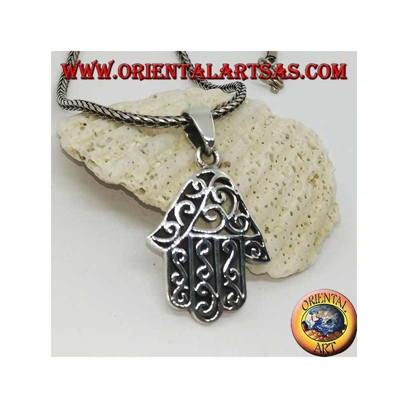 Silver pendant, hand of Fatima with wavy decorations and openwork on one side