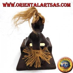 Business card holder with sculpture of a primitive man in teak wood