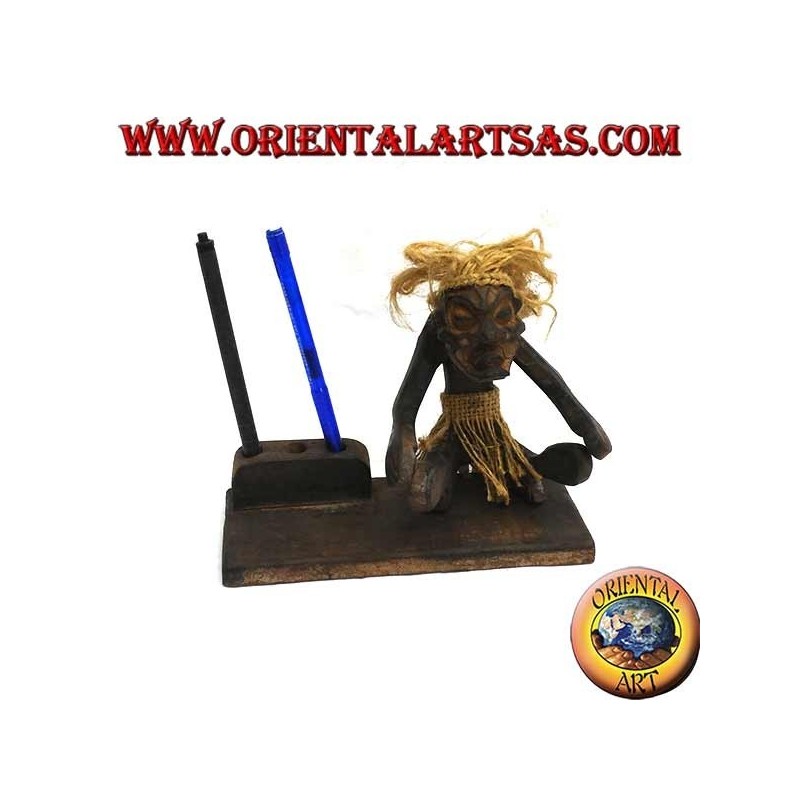 Pen holder with sculpture of a primitive man in teak wood