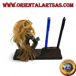 Pen holder with sculpture of a primitive man in teak wood