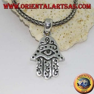 Ciondolo in argento mano di Fatima con occhio e decorazioni in bassorilievo