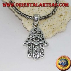 Silver pendant hand of Fatima with eye and bas-relief decorations
