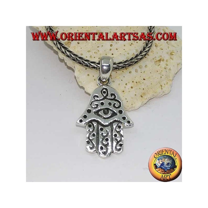 Ciondolo in argento mano di Fatima con occhio e decorazioni in bassorilievo