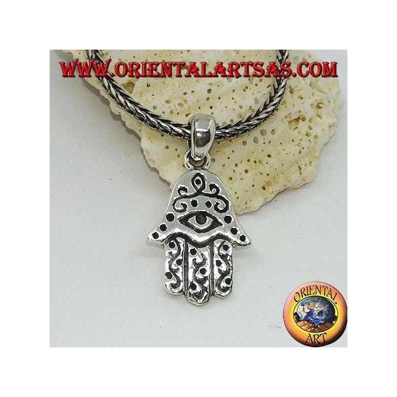 Ciondolo in argento mano di Fatima con occhio e decorazioni in bassorilievo