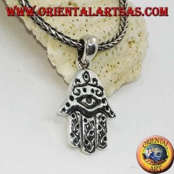 Silver pendant hand of Fatima with eye and bas-relief decorations