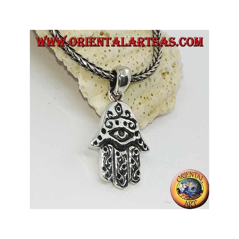 Silver pendant hand of Fatima with eye and bas-relief decorations