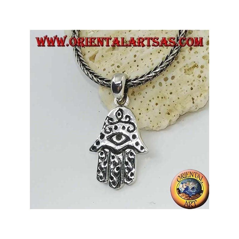 Pendentif en argent à la main de Fatima avec des yeux et des décorations en bas-relief