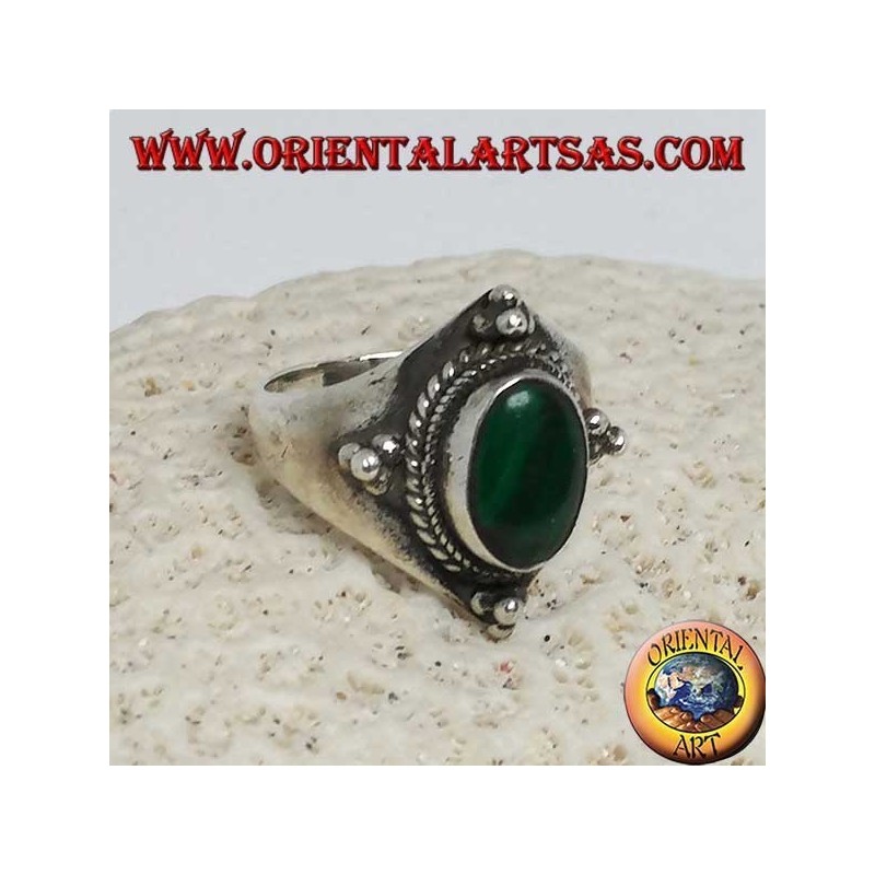 Silver ring with oval malachite and ball decorations