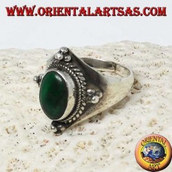 Silver ring with oval malachite and ball decorations