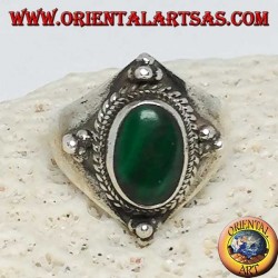 Silver ring with oval malachite and ball decorations