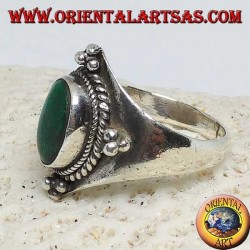 Silver ring with oval malachite and ball decorations