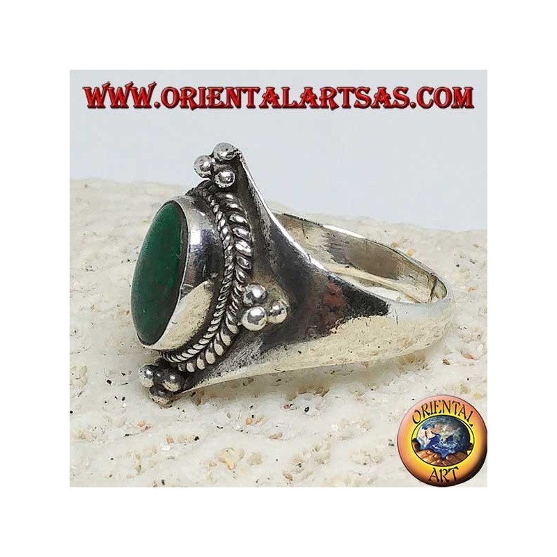 Silver ring with oval malachite and ball decorations