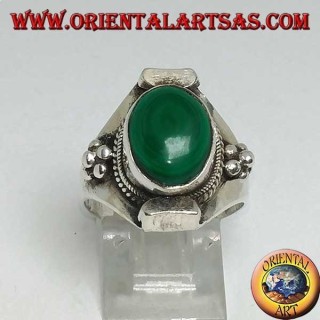 Nepalese style oval malachite silver ring
