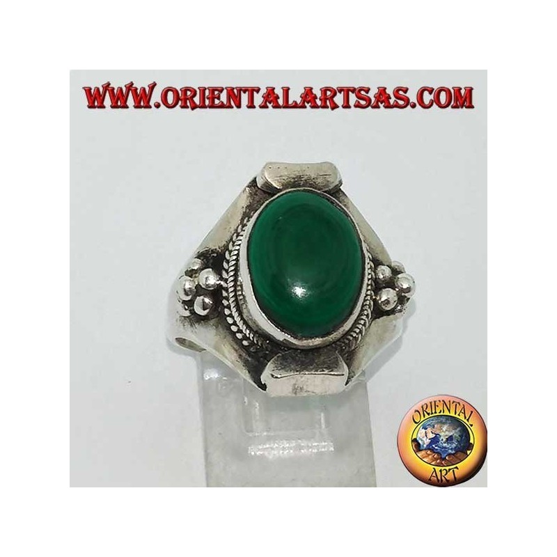 Nepalese style oval malachite silver ring