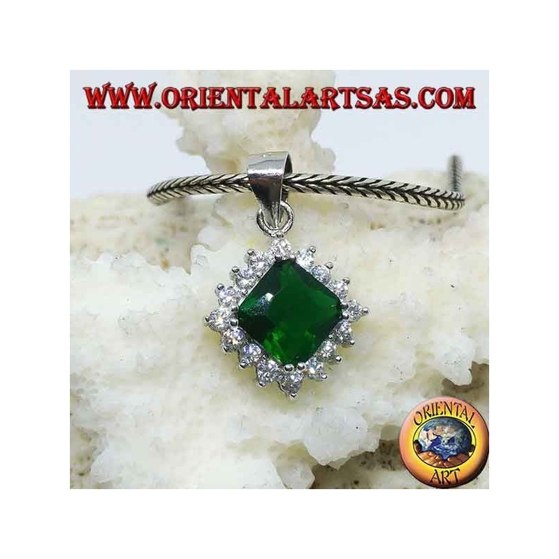Silver pendant with square emerald colored Zircon surrounded by cubic zirconia