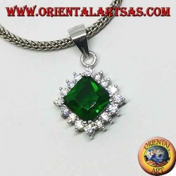 Silver pendant with square emerald colored Zircon surrounded by cubic zirconia