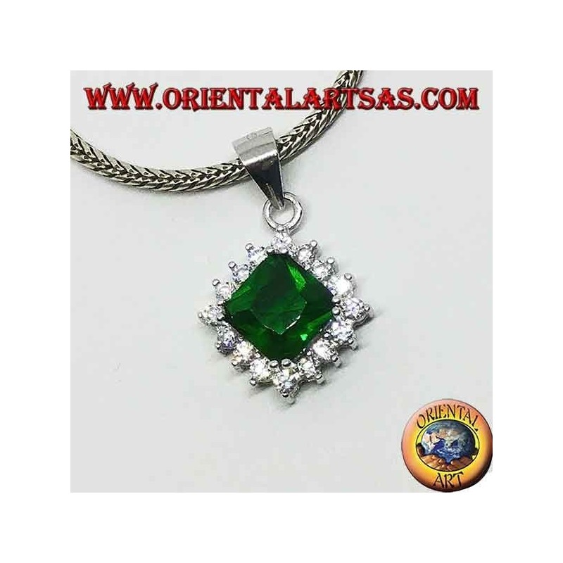 Silver pendant with square emerald colored Zircon surrounded by cubic zirconia