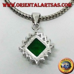 Silver pendant with square emerald colored Zircon surrounded by cubic zirconia