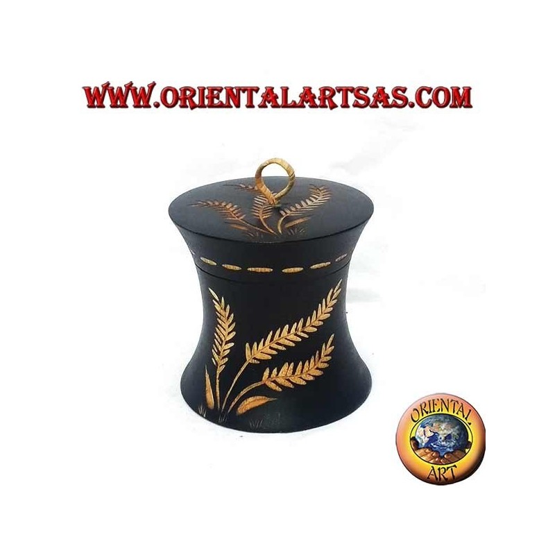 Cylindrical box in mahogany wood with hand-carved agricultural decorations