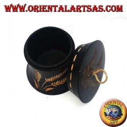 Cylindrical box in mahogany wood with hand-carved agricultural decorations