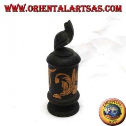 Cylindrical jewelry box with floral engravings in bamboo and mahogany wood turtle