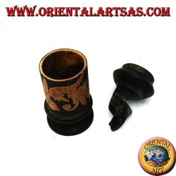 Boîte à bijoux cylindrique avec des gravures florales en tortue de bambou et acajou